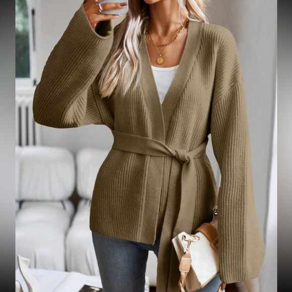 tan Belted knit sweater tie belt wrap cardigan- oversized fit - Picture 5 of 7